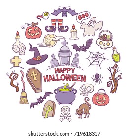 Halloween cartoon elements collection. Cute background with hand drawn cartoon elements of Halloween celebration. Vector illustration isolated on white background.