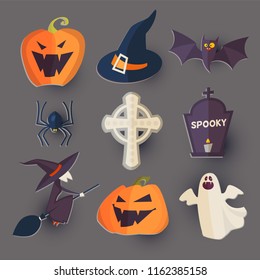Halloween Cartoon Elements Set. Stickers. Vector illustration