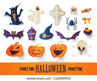 Halloween Cartoon Elements Set. Stickers. Vector illustration