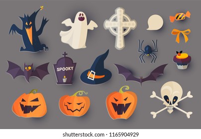 Halloween Cartoon Elements Set. Stickers. Vector illustration