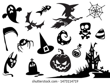 Halloween cartoon elements silhouette. Pumpkin head, witch, skull, grim reaper, haunted house, cat,ghost, moon, spider, poison, pot, broomstick, candy, scythe, web, bat, tombstone icons.