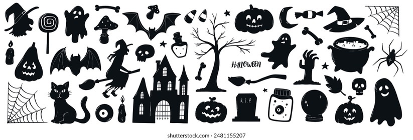 Elementos de dibujos animados de Halloween, colección de siluetas para estampados, pegatinas, sublimaciones, signos, decoración de ropa, etc. EPS 10