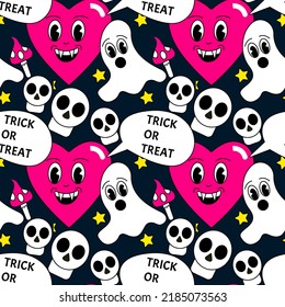 Halloween cartoon emotion pattern (heart, vampire, skull, stars, ghost, mushroom).  Colorful vector illustration on black background. Trick or treat