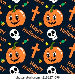 Halloween cartoon emotion pattern (pumpkin, chest, skull, stars, candy).  Colorful vector illustration on black background. Lettering Happy halloween