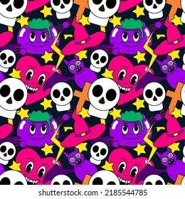 Halloween cartoon emotion pattern (skull, bat, witch hat, bowler hat, star, heart, vampire).  Colorful vector illustration on black background