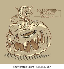 Halloween cartoon evil pumpkin sketch illustration on brown background. Vector illustration.