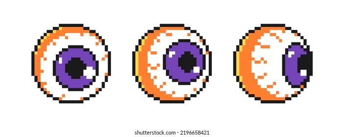 Halloween cartoon eyes icons in pixel art design isolated on white background. Eyeball with different positions of the pupil. 