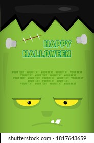 Halloween cartoon face of Frankenstein's background with copy space for sale promotion.Head Zombie wallpaper with blank fame for your text. Illustration spooky monster for the invitation holiday card.