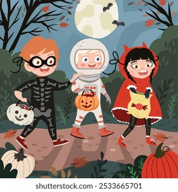 Halloween ilustración plana de dibujos animados Misterio Bosque tonto Luna Lindos niños con calabaza truco o trato