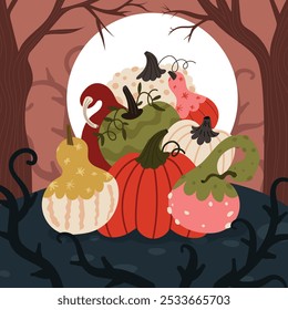 halloween cartoon flat illustration mystery forest fool moon cute pumpkin set shadows