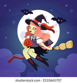 halloween cartoon flat illustration mystery forest fool moon cute witch girl broom bat fool moon