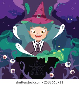 halloween cartoon flat illustration mystery forest fool moon cute witch girl set shadows spirits