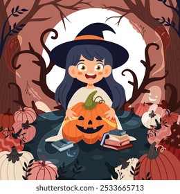 halloween cartoon flat illustration mystery forest fool moon cute witch girl pumpkin set shadows spirits