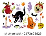 Halloween cartoon flat style vector illustration set. Spooky and cute black cat, scary pumpkin squash, ghost, candle, bat, candy corn, poisoned strawberry, rotten apple with worms. Fun spooky season 