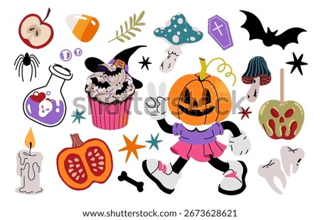 Halloween cartoon flat style vector illustration set. Pumpkin head character, witch cupcake, poison candy apple, magic potion, coffin, bat, spider. Cute spooky season clipart for fun Halloween design 