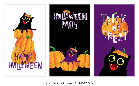 Halloween cartoon flat vector set. Three illustration with pumpkin, cute cat, lettering quote in black, white, orange and violet color. Concept for banner poster card social media story