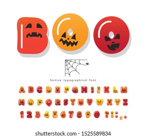 Halloween cartoon font. Cute colorful letters and numbers with cpooky creepy faces. Funny orange alphabet for kids. Vector illustration