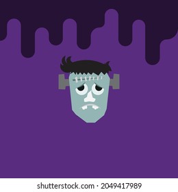 halloween cartoon frankenstein face, on bleeding background, card and decoration vector illustration