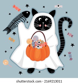 Halloween cartoon funny cat in a ghost costume and with a pumpkin.Cute character with sweets and a fish skeleton.Colorful background for printing on fabric and paper.Vector hand drawn illustration. 