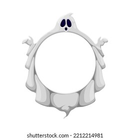 Halloween cartoon ghost frame. Creepy spirit of dead, isolated flying scary ghost character vector border, Halloween circle frame or autumn holiday greeting card horror backdrop