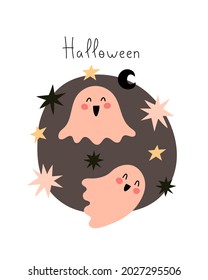 Halloween. Cartoon ghost, hand drawing lettering, decor elements. Colorful vector illustration, flat style. design for cards, print, poster
