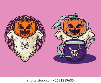 Halloween cartoon ghost hand drawn set 