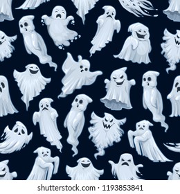 Halloween cartoon ghost pattern background. Vector Happy Halloween greeting card and trick or treat party seamless design of white ghost or poltergeist monster on black background