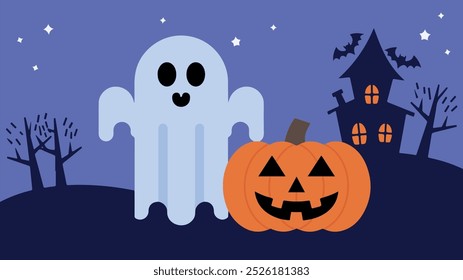 Halloween Cartoon Ghost with Pumpkin and Haunted House Illustration