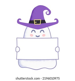 Halloween cartoon ghost with witch hat showing empty poster on white background. Vector illustration