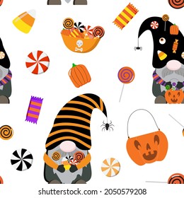 Halloween cartoon gnome with pumpkin bucket, bowl and sweets. Vector seamless pattern. Isolated on white background.