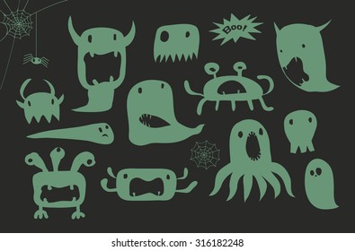 Halloween Cartoon Green Monsters - Doodle style illustration of simple gloppy gooey bogeymen 