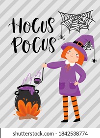 Halloween cartoon greeting card. baby girl in halloween costumes of witch, cauldron with potion, flags garland, copy space for your text, traditional holiday vector template