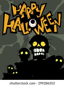 Halloween cartoon greeting card with a crowd of zombies