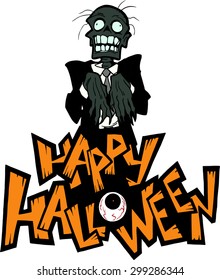 Halloween cartoon greeting card with a frightening zombie character