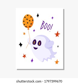 Halloween cartoon greeting card or nursery poster - cute ghost with orange balloon and creepy face on white background, copy space for your text, pre-made vector template