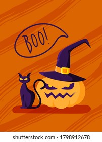 Halloween cartoon greeting card or nursery poster - halloween carving pumpkin lantern in witch hat, black angry cat on orange background, copy space for your text, pre-made vector template for print