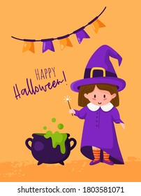Halloween cartoon greeting card or nursery poster - baby girl in halloween costumes of witch, cauldron with potion, flags garland, copy space for your text, traditional holiday vector template