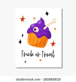 Halloween cartoon greeting card or nursery poster - halloween creepy sweet cupcake with bone and eye on white background, copy space for your text, pre-made vector template for print