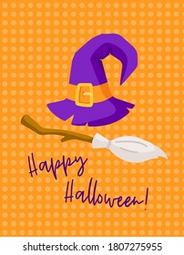 Halloween cartoon greeting card or nursery poster - halloween violet witches hat and broom on orange color background, copy space for your text, pre-made vector template for print