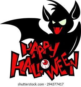 Halloween cartoon greeting card with a scary black bat