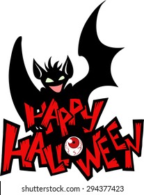 Halloween cartoon greeting card with a scary black bat