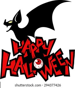 Halloween cartoon greeting card with a scary black bat