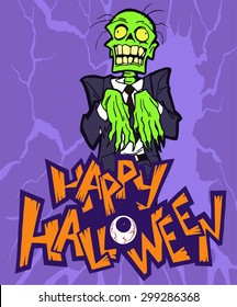 Halloween cartoon greeting card with a spooky zombie character
