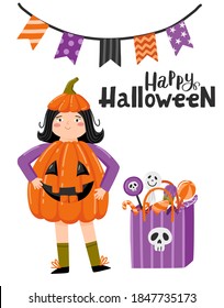 Halloween cartoon greeting card.child girl character in pumpkin costume with pack of wasps sweets, copy space for your text, traditional holiday vector template