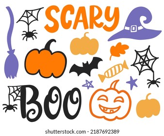 Halloween Cartoon Hand drawn doodle shapes set  Witch Hat  Broom  Boo  Scary  Sweets  Pumpkin  Spider Web  Halloween Cute Vector Illustration clip art collection for baby handcrafted design