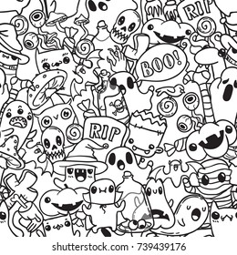 Halloween cartoon hand drawn doodle pattern. Black contour background.