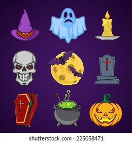 Halloween cartoon icon objects. Bright colorful collection. 