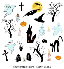 Halloween cartoon icon set with spooky trees, pumpkins, ghosts, dark house, candles, funny collection for design, halloween stickers