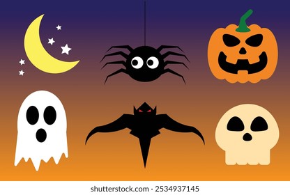 Iconos de dibujos animados de Halloween, luna, araña, calabaza, fantasma, murciélago y cráneo, dibujos animados aislados de Halloween.