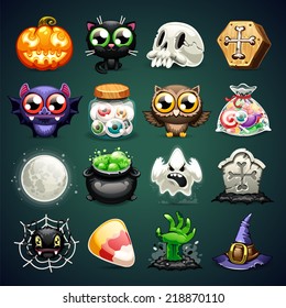 Juego de iconos de caricatura de Halloween. En el fichero EPS cada elemento se agrupa por separado.